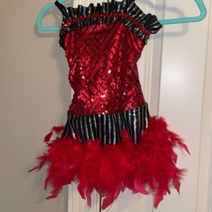 Curtain Call MC red Sequence leotard with feathers